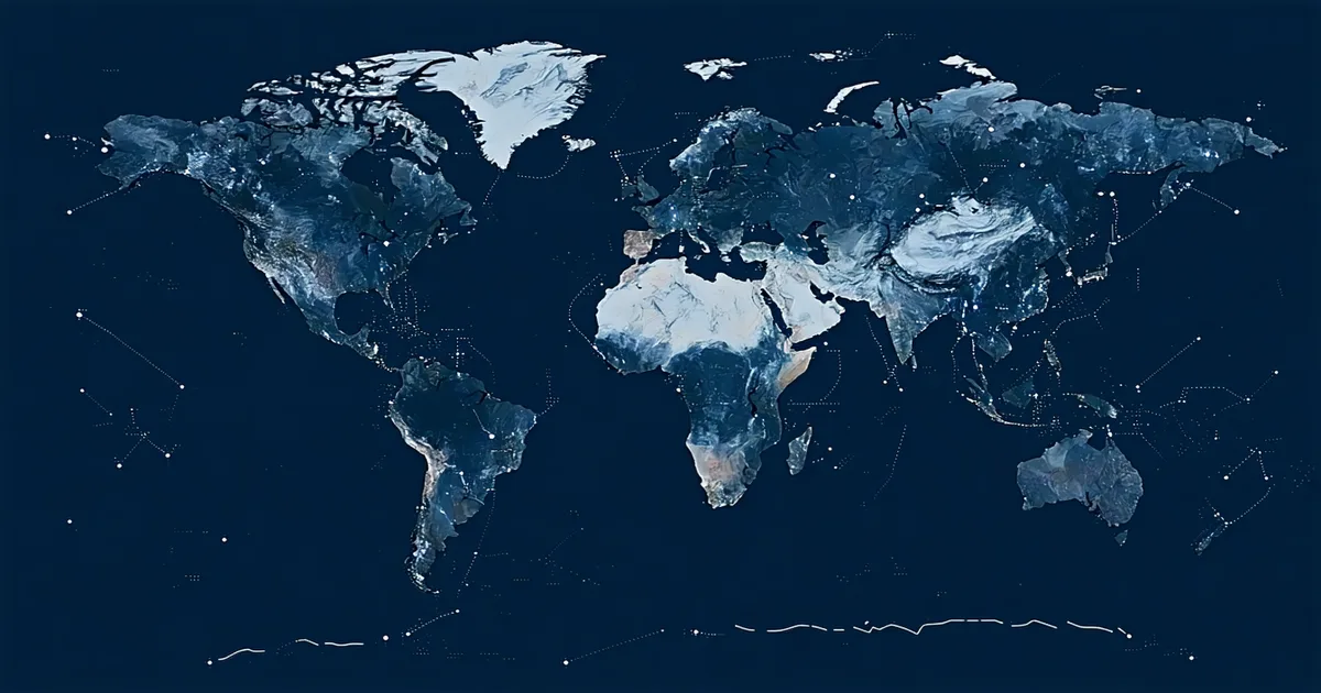 Abstract geopolitical map with scenario branching paths overlay