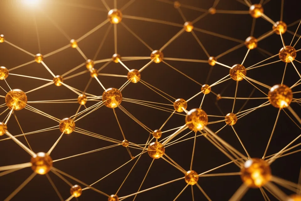 Abstract causal network visualization with amber nodes on dark background