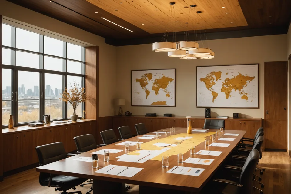 War-room strategic planning surface with probability overlays