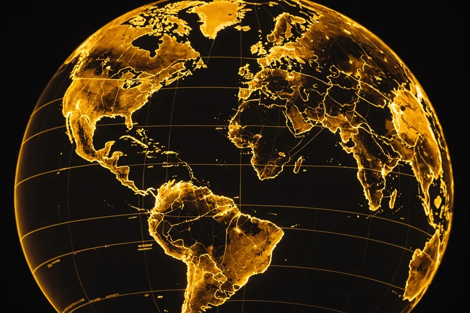 Globe with real-time data streams in amber earth tones